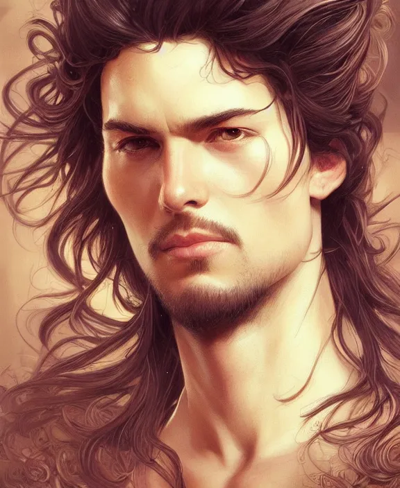 Image similar to portrait close up of guy, concentrated look, symmetry, long hair. d & d, fantasy, intricate, elegant, highly detailed, digital painting, artstation, concept art, art by artgerm and greg rutkowski and alphonse mucha, boris vallejo