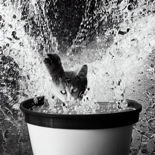 Image similar to a cat being thrown into a bucket of water, photography, chaotic,