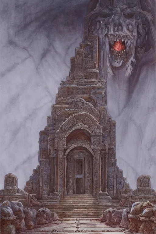 Image similar to Artwork by John Howe of the cinematic view of the Temple of Infernal Writings, Infernal Writing