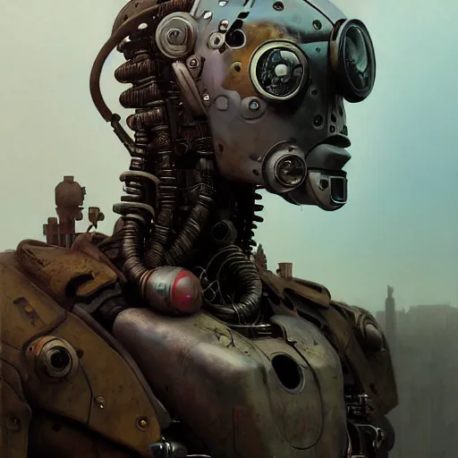 Image similar to a expressive portrait of masked diesel punk robot in dramatic lighting, depth of field background, artstation, award - winning realistic sci - fi concept art by jim burns and greg rutkowski, beksinski, a realism masterpiece, expressive color palette, james gilleard, bruegel, alphonse mucha, and yoshitaka amano