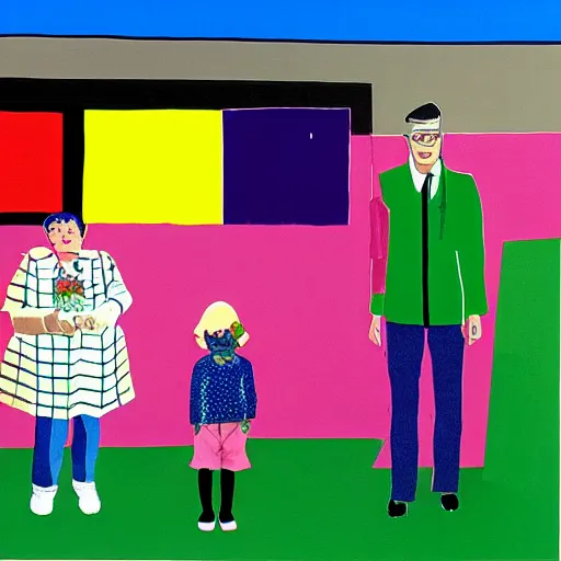 Image similar to A typical suburban family, who are hiding deep and dark secrets, Pop Art painting by David Hockney