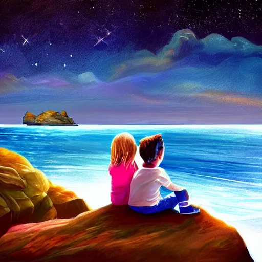 Prompt: stunning painting of a girl and a boy watches the sea, on the edge of the sea at the rocks, night, starts, front edge islands with night lights, by digital art, awarded