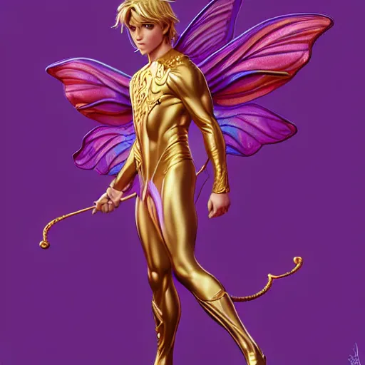 Image similar to fairy prince, gold on purple, by artgerm and eko nugroho, trending on artstation