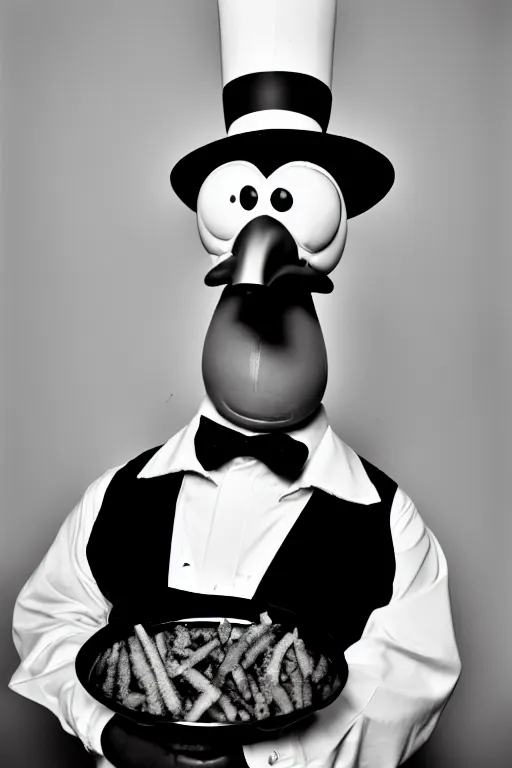 Prompt: a sour, serious faced anthropomorphic chicken, a stereotypical fast food worker from a movie, black and white image, 3 5 mm lens studio photography