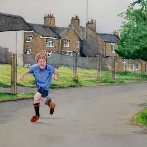 Prompt: a young boy is running along babylon drive in bellshill, scotland, in the late 1 9 7 0 s. watercolour