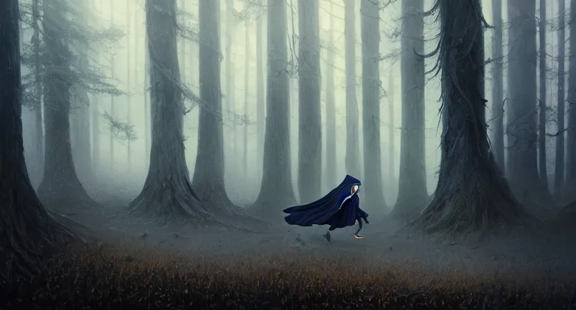 Prompt: handsome mage running away from giant tree, black hair wearing square hooded gothic navy cloak with gold details, misty forest, movie action still frame, ultra wide horizon, intricate, elegant, highly detailed, hyperrealism, digital painting, concept art, smooth, sharp, focus, illustration, art by artgerm, greg rutkowski, ilya kuvshinov