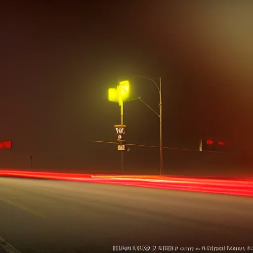 Image similar to A stunningly beautiful award-winning down angle 8K high angle cinematic movie photograph of a dark foggy main intersection in an abandoned 1950s small town at night, by Edward Hopper and David Fincher and Darius Khonji, cinematic lighting, perfect composition, moody low key volumetric light. Color palette from Seven, greens yellows and reds. 2 point perspective, high angle from 15 feet off the ground. Octane render, cgsociety