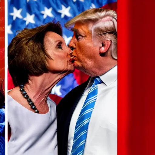 Prompt: donald trump kissing nancy pelosi with tongue, american flag behind