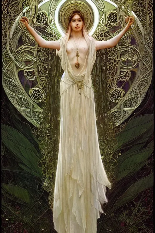 Image similar to a full body portrait of a beautiful ethereal delicate celtic mage queen meditative sacral pose catholic stages of the cross, intricate, elegant, highly detailed, digital painting, artstation, concept art, smooth, sharp focus, illustration, art by krenz cushart and artem demura and alphonse mucha