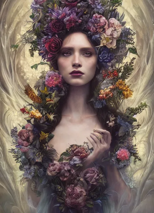 Prompt: portrait of the queen of the underworld, surrounded by flowers by karol bak, james jean, tom bagshaw, rococo, sharp focus, trending on artstation, cinematic lighting, hyper realism, octane render, 8 k, hyper detailed.