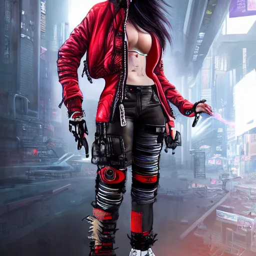 Image similar to a full body illustration of an Asian female cyberpunk character with red Mohawk, wearing oversized techwear jacket with one shoulder off revealing tank top underneath, torn punk leather pants, highly detailed, soft lighting, by Glenn Fabry, HD, 4K