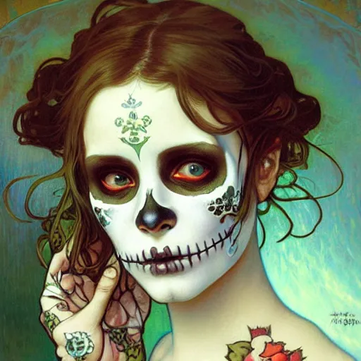 Prompt: realistic detailed painting of a cute Día de los Muertos girl by Alphonse Mucha Ayami Kojima Amano Charlie Bowater HR Giger, masterpiece