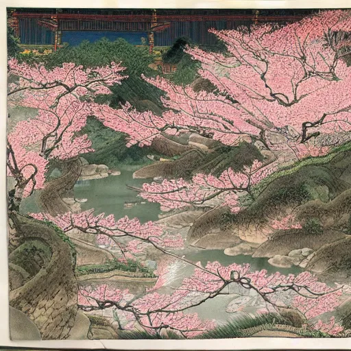 Image similar to a mysterious chinese temple in the deep forest, surrounded by many peach blossoms, a clear stream flowing through, by yoshida hiroshi
