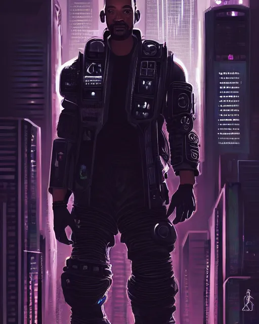 Image similar to a full length portrait of cyberpunk will smith, grim - lighting, high - contrast, intricate, elegant, highly detailed, digital painting, artstation, concept art, smooth, sharp focus, illustration