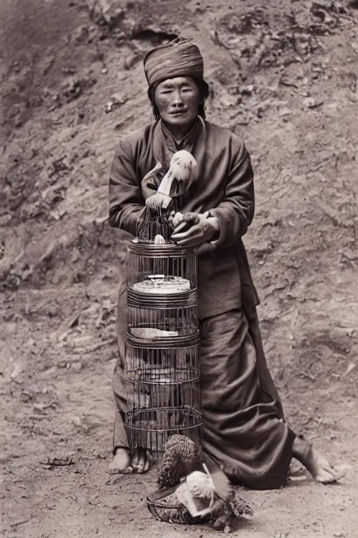 Image similar to ultra realistic vintage photo portrait of a tibetan man with a birdcage sunk in his flesh, by Annie Leibovitz,