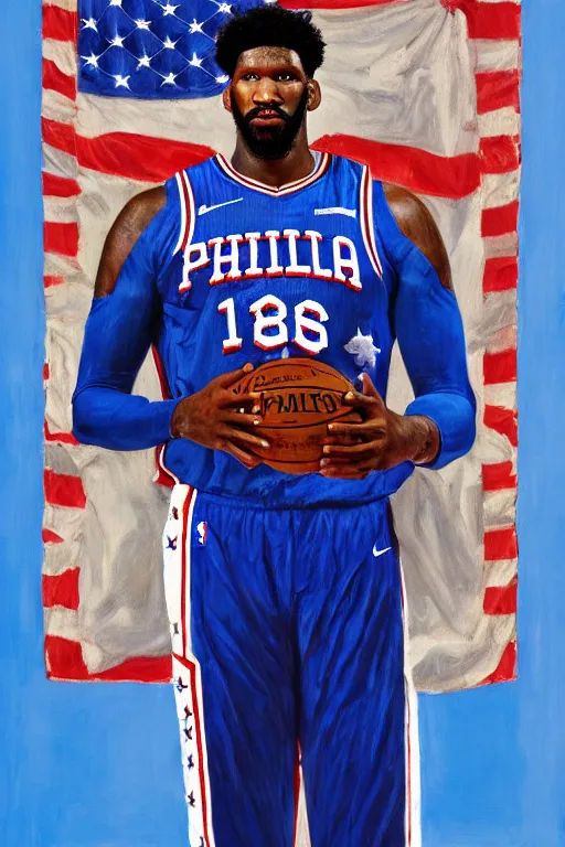 Image similar to full body portrait of the dictator of the philadelphia 7 6 ers, 1 8 8 9, in full military garb, joel embiid, oil on canvas by william sidney mount, trending on artstation