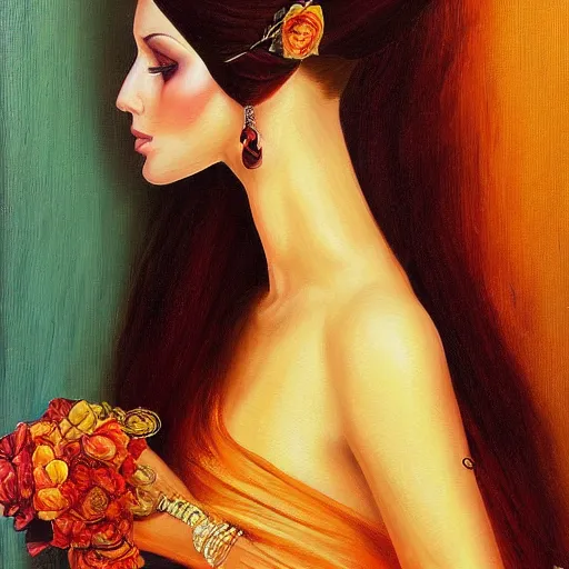 Image similar to painting portrait of a beautiful young long dress woman _ dark _ haired woman by cheval michael