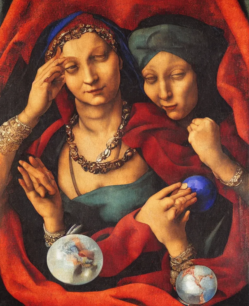 Prompt: a vibrant oil painting of a renaissance fortune teller with a crystal ball painted by Michelangelo with chiaroscuro, saturated colors, clear details