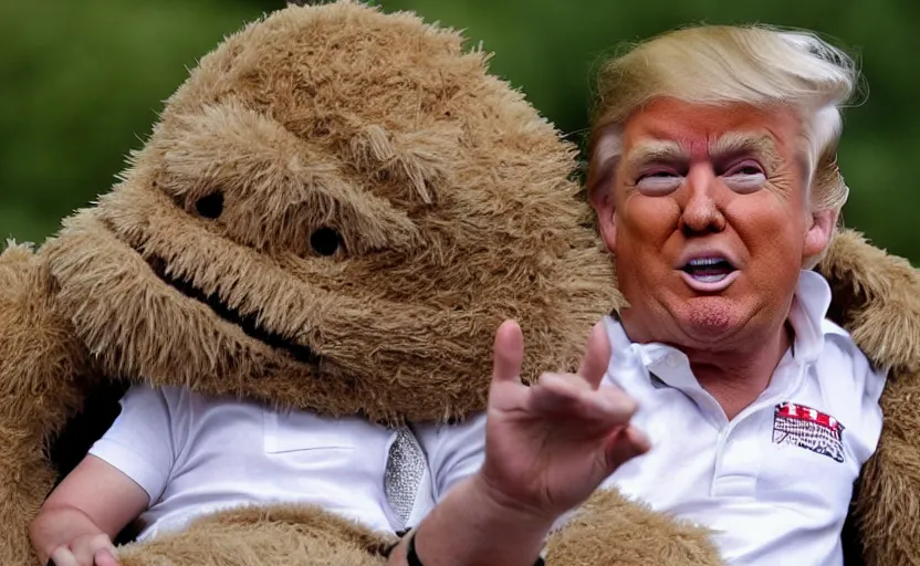 Image similar to Donald Trump in a baby mammoth costume , with an open face