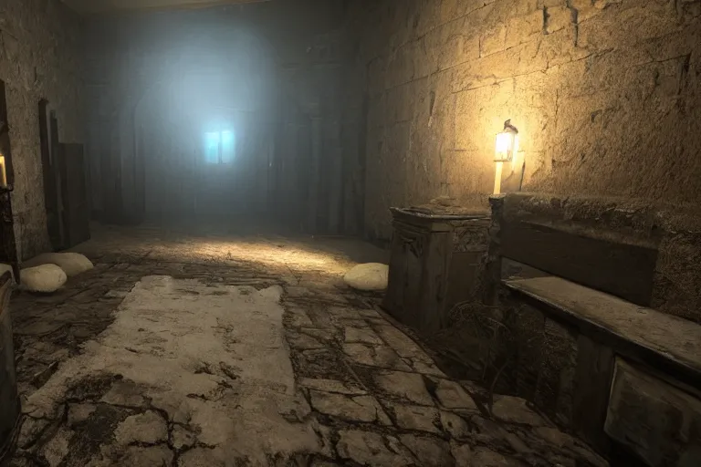 Image similar to inside a haunted dungeon, First person horror game, unreal engine