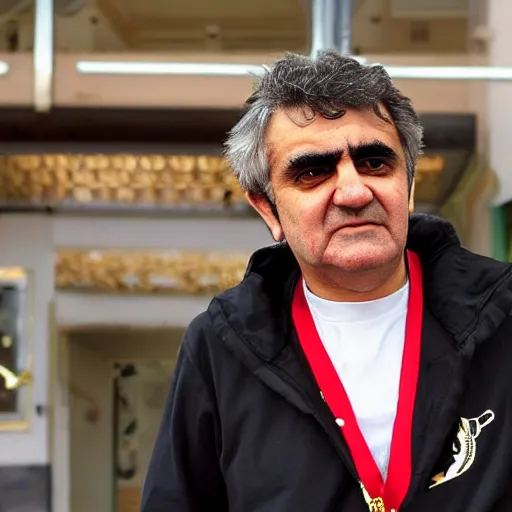 Prompt: jafar panahi mixed with gordon brown, clean shaven, wearing an umbro sports tracksuit and gold necklace with large star shaped intricate gold medallion