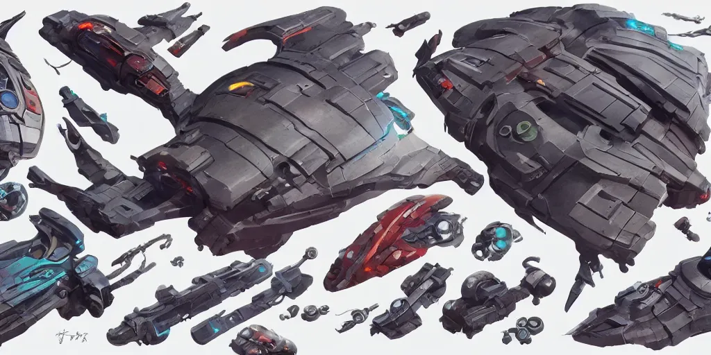 Image similar to Futuristic sci-fi props and gadget, hard surface, collection ,kitbash, parts, artstation, 8k, Shape and form, in watercolor gouache detailed paintings