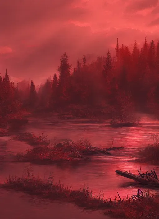 Image similar to dead river, red color, highly detailed, 8 k, artstation, beutifull, masterpiece