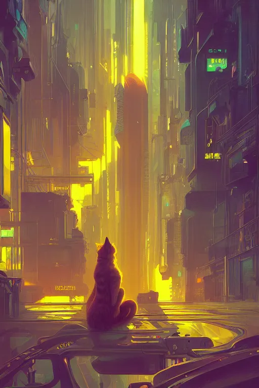 Image similar to yellow cat inside a synth wave city, highly detailed, digital painting, artstation, concept art, sharp focus, illustration, art by greg rutkowski and alphonse mucha