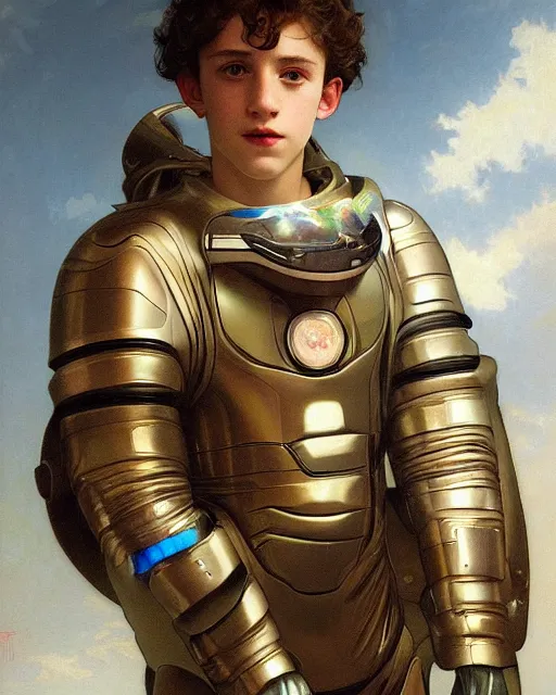 Image similar to a portrait painting of a shy, blushing 1 6 - year old tom holland or timothee chalamet, backlit, wearing a futuristic translucent iridescent plastic space suit with a space helmet, elegant, highly detailed, artstation, concept art, by krenz cushart and donato giancola and william adolph bouguereau and alphonse mucha