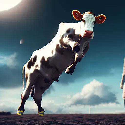 Prompt: the cow jumped over the moon 8 k resolution trending on artstation digital art mixed media unreal engine