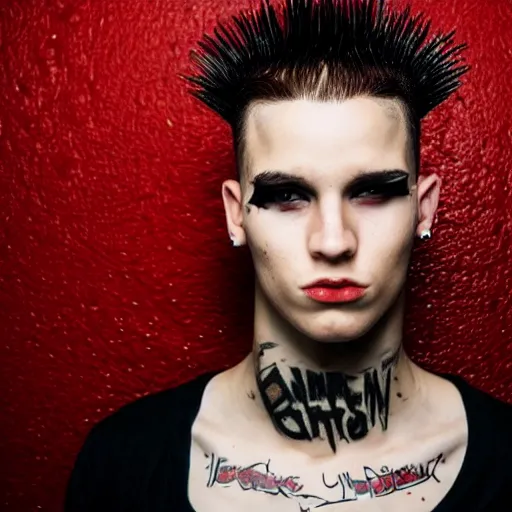 Prompt: young man with a short red dyed mohawk, red eyes and a slim face, dressed in punk clothing, punk style, headshot photo, attractive, handsome, in color, no makeup, model