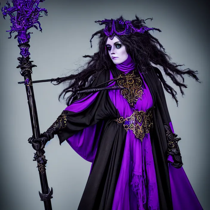 Prompt: professional photograph of a real - life beautiful elemental dark witch with ornate purple and black robes and staff. extremely detailed. 8 k