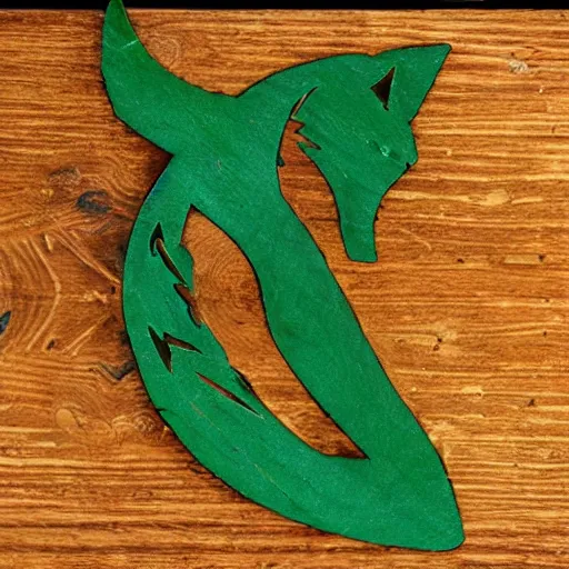 Prompt: keltic fox rune, colored green, in old wood