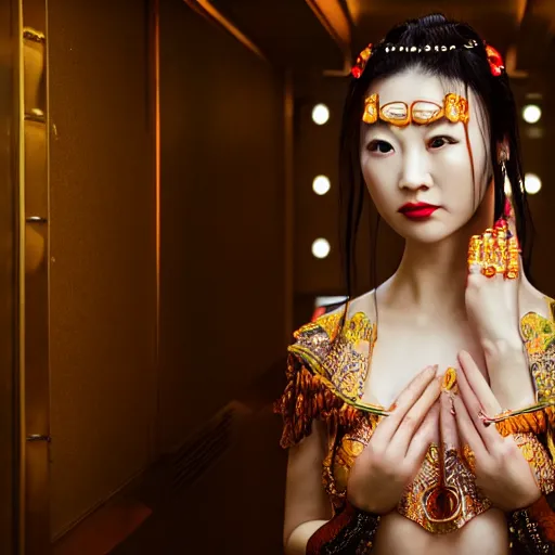 Image similar to photo shoot pose photo of beautiful realistic Chinese ancient princess standing in the corridor in the space ship, attractive symmetrical face, big eyes and lips, subtle makeup, clean face and body skin,ecstatic face expression, ornamental jewelry and ancient translucent clothes, futuristic space ship interrior, wires with lights,depth of field, lens flare, moody lighting, moody photography, old photo, black and white, sepia, cinematic lighting, cinematic angle, editorial photography