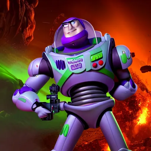 Image similar to buzz lightyear with a minigun in doom eternal, 4k, high detail, high-resolution photograph, professional photography, ultra-detail