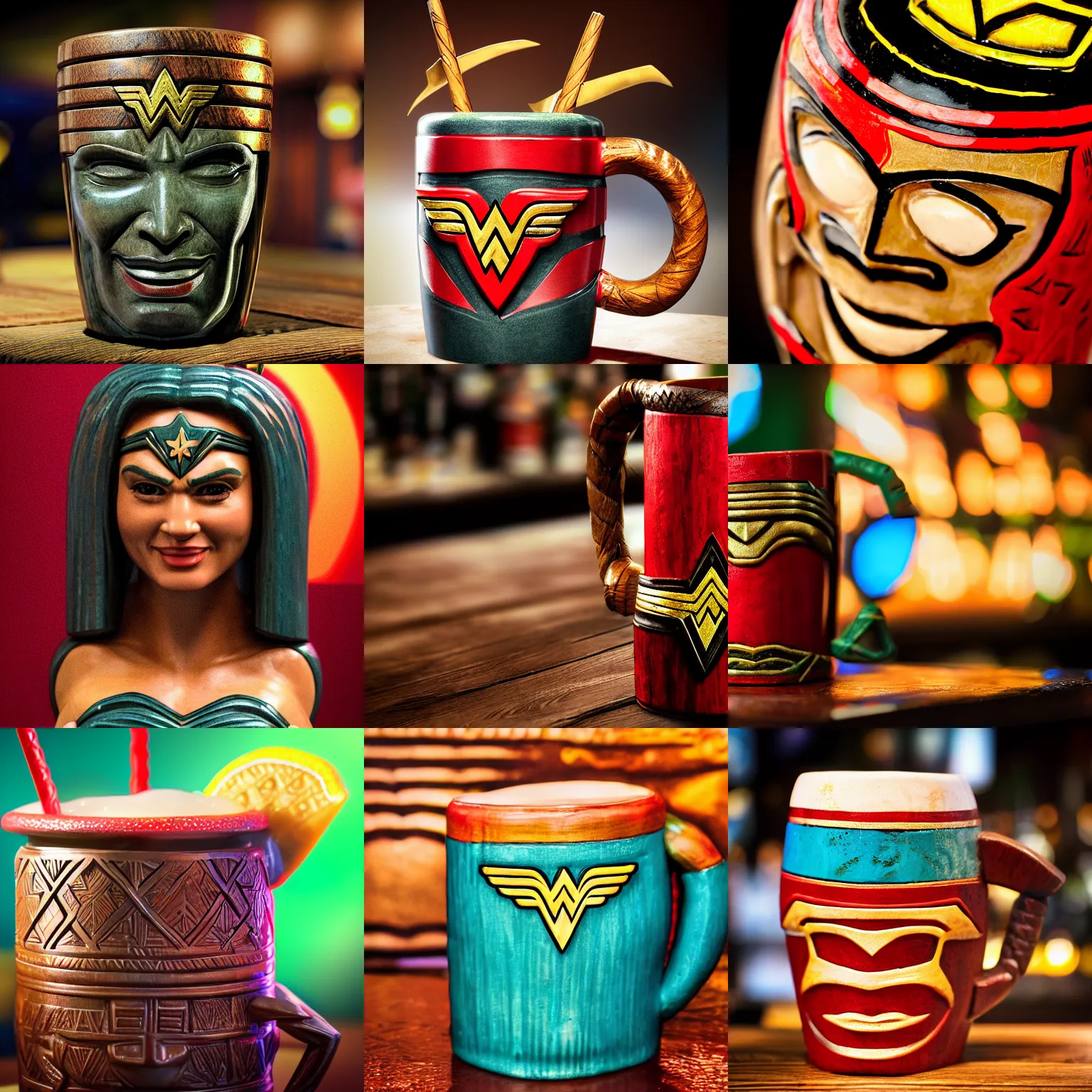 Image similar to a closeup photorealistic photograph of wonder woman tiki style mug at trader vic's bar. brightly lit scene. this 4 k hd image is trending on artstation, featured on behance, well - rendered, extra crisp, features intricate detail, epic composition and the style of unreal engine.
