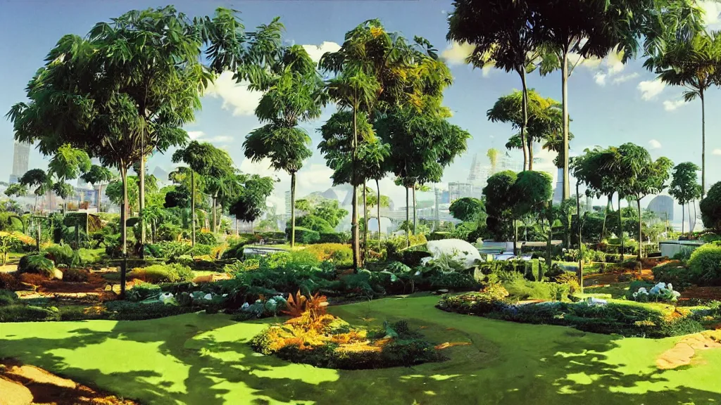 Prompt: an artificial garden with blue skies, landscape, syd mead,