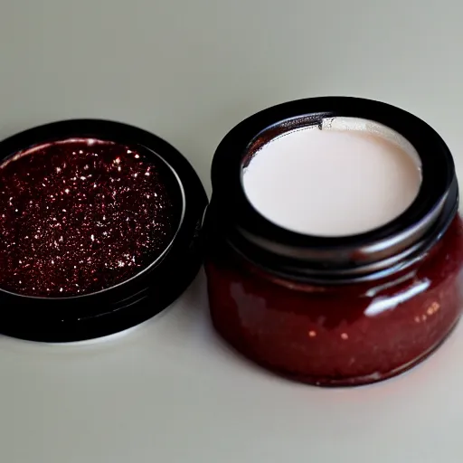 Prompt: apple butter as an eyeshadow, in a tiny silver jar, makeup tutorial, glitter, ambient lighting, vanity, high - res, highly detailed