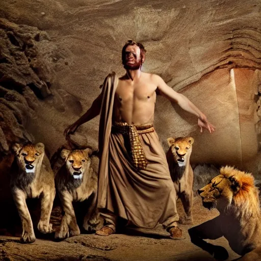 Image similar to dramatic film still of 3 5 year old man in ancient canaanite clothing surrounded by ferocious lions. cave interior background. directed by michael bay