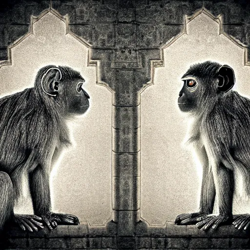 Prompt: two macaques looking at each other inside victorian mansion, digital art, soft shadows, creepy art, flare effect