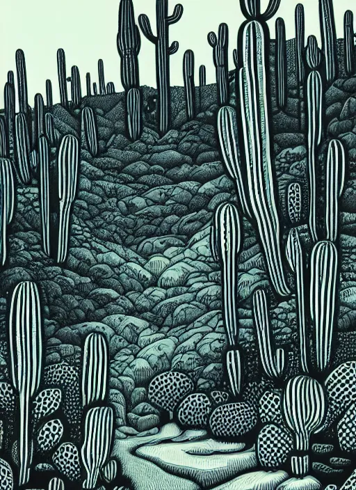 Prompt: art by cat flint, a beautiful black ink linocut print of the cactus forest, high hills, 8 k, frostbite 3 engine, cryengine, ground level shot, dof, trending on artstation, digital art, crepuscular ray