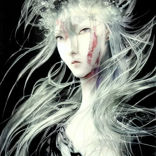 Image similar to Yoshitaka Amano blurred and dreamy illustration of an anime girl with black eyes, wavy white hair fluttering in the wind and cracks on her face wearing elden ring armor with engravings, background with abstract black and white patterns, noisy film grain effect, highly detailed, Renaissance oil painting, weird portrait angle, three quarter view