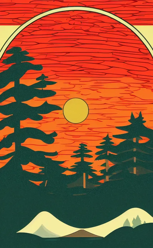 Prompt: hanafuda, an aperture to a lake in a forest of japanese pines, a big red sun in the background, front game card, vector line art, trending on behance, concept art, stunning, matte