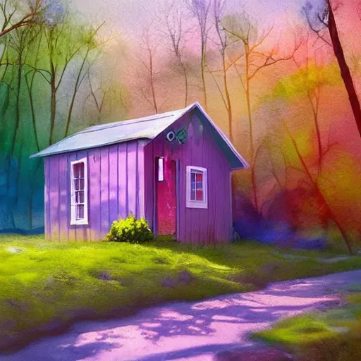 Prompt: small wooden house in the middle of spring forest, bright colours, watercolor, volumetric wool felting, macro photography, children illustration, by rhads