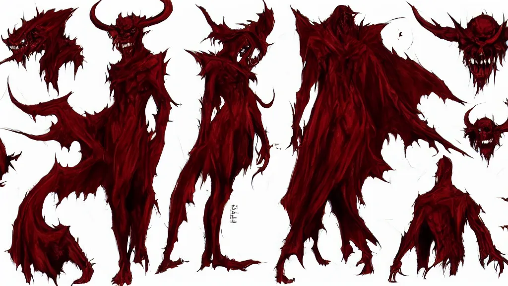 Prompt: a hazy shape shifting demonic spirit with red eyes character design sheet, trending on artstation