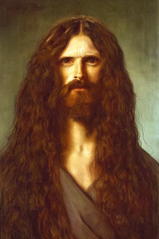 Image similar to a painting of a man with long hair, a portrait by Robert Lenkiewicz, cg society, pre-raphaelitism, da vinci, studio portrait, oil on canvas