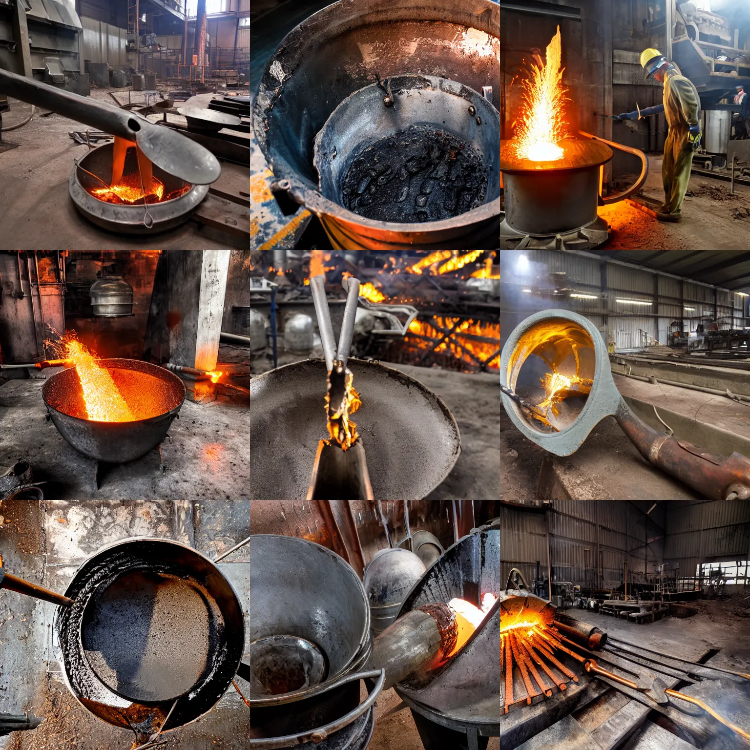 Prompt: a ladle full of molten iron in a steel foundry