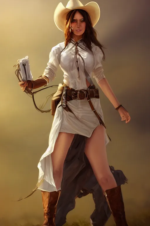 Image similar to full body, female cowgirl, perfect face, white blouse, holster, 8 k, magic the gathering, desert, d & d, artstation, high detail, smooth, sweaty, emerald herald