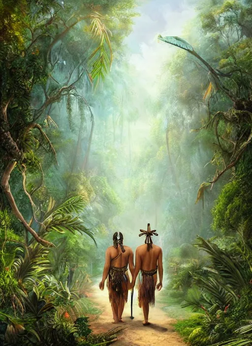 Prompt: two highly realistic indigenous people walking together in the jungle, fantasy art, matte painting