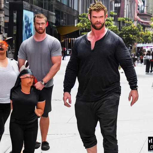 Image similar to Obese Chris Hemsworth spotted in the city, TMZ, Sony a7R IV, symmetric balance, polarizing filter, Photolab, Lightroom, 4K, Dolby Vision, Photography Award